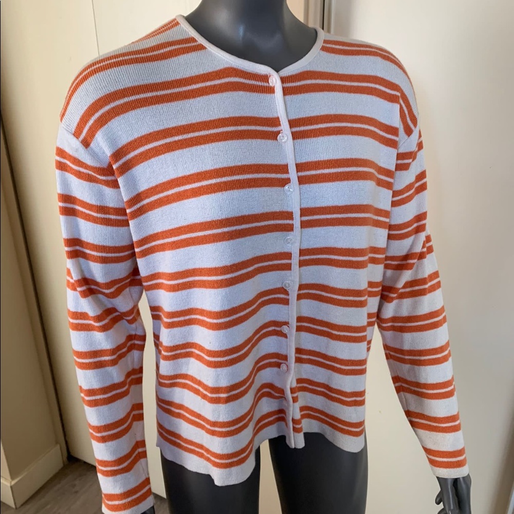 Japon et Chine size large orange/ white striped buttoned down cardigan.